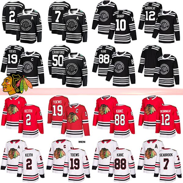 

chicago blackhawks 88 patrick kane 19 jonathan toews 2 keith 7 brent seabrook 12 alex debrincat 50 corey crawford 10 patrick sharp hock, Black;red