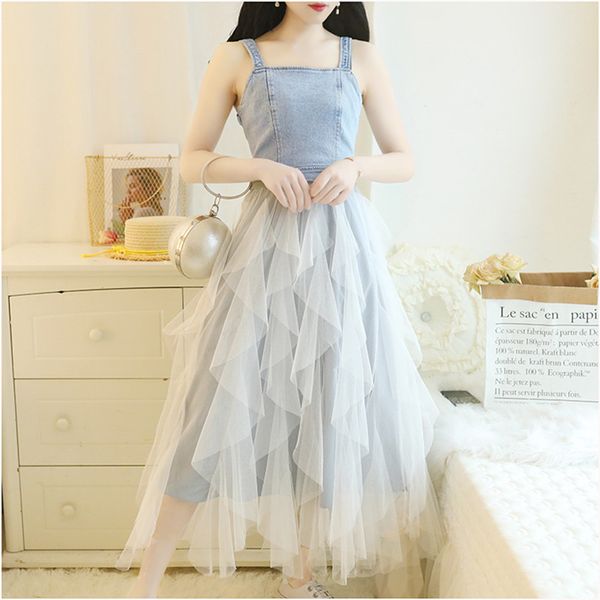 

women keran fahsion high waist sweet dress strap dress mori girl high street denim splice mesh irregular dresses, Black;gray