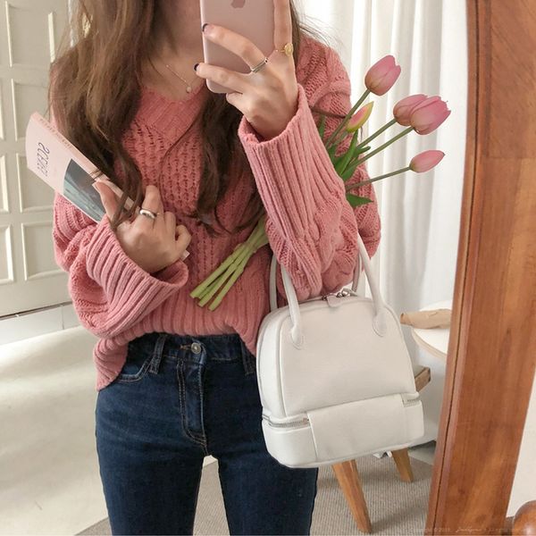 

autumn winter women sweater vintage v-neck twisted female knitting pullovers jumpers 2019 loose knit pull femme, White;black