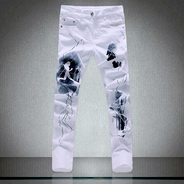 

orinery size 28-40 white printed jeans men fashion designer denim pants elastic straight casual mens clothes plus size, Blue