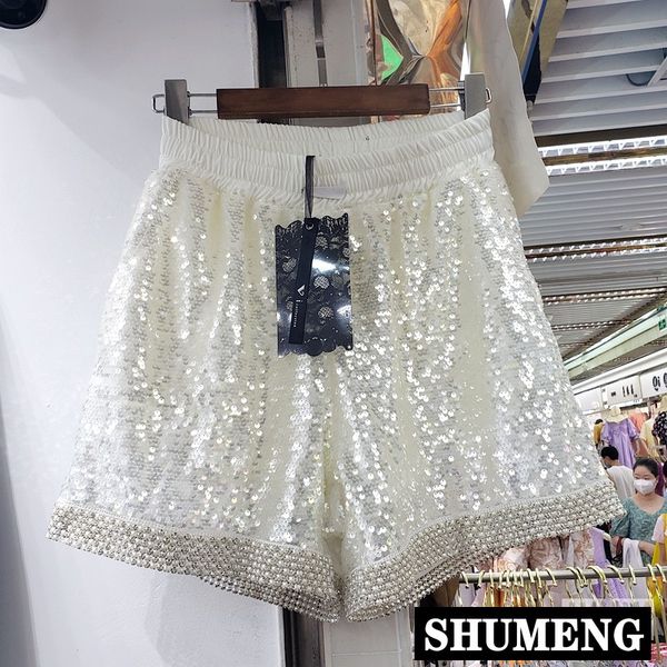 

harajuku стиль шорты для женщин 2020 летней новых тяжелой промышленности алмазных блесток высокой талии wide leg шорты streetwear, White;black