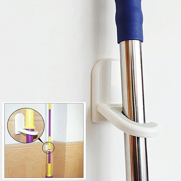 

household bathroom mop hook holder with strong self-adhesive sticker seamless punch wall mounted mop broom storage rack