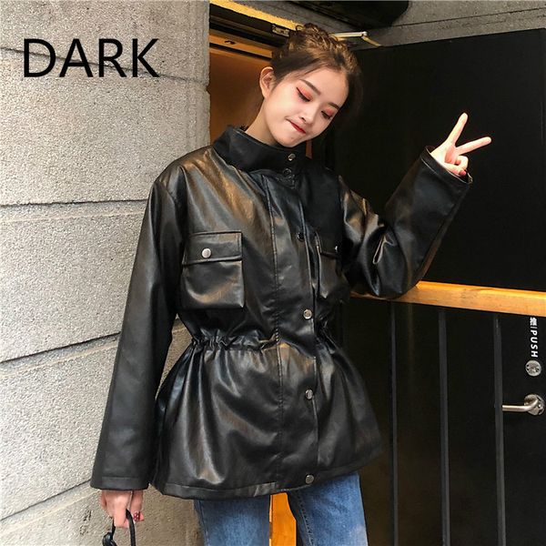 

2020 winter students new korean style belted waist pu leather short jacket on sale, Black