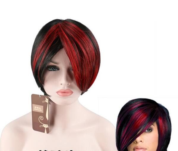 

europe and the united states black and red mixed color partial short hair female models short straight hair oblique bangs black red gradient
