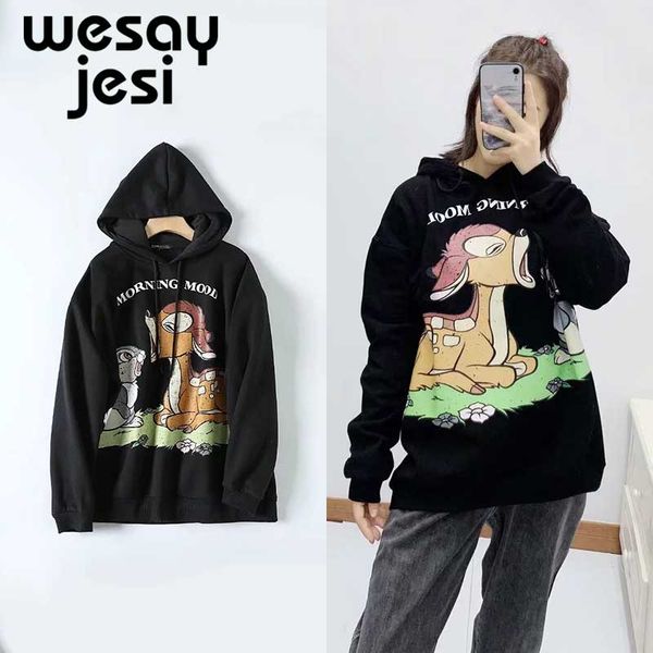 

2019 autumn hoodie women harajuku casual pullover fawn print hooded jacket jogger full-sleeve fashion hoodies women, Black