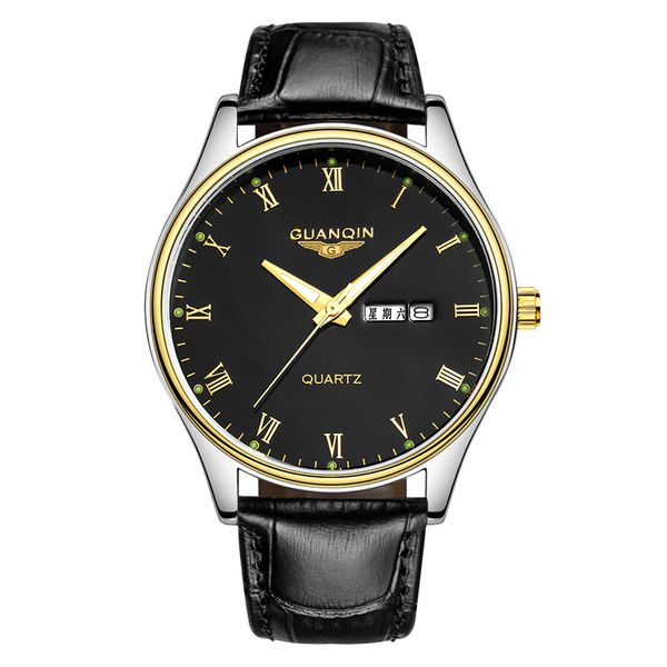 

guanqin gq11006 genuine men waterproof quartz watch really belt luminous double calendar men watch retro fashion business, Slivery;brown