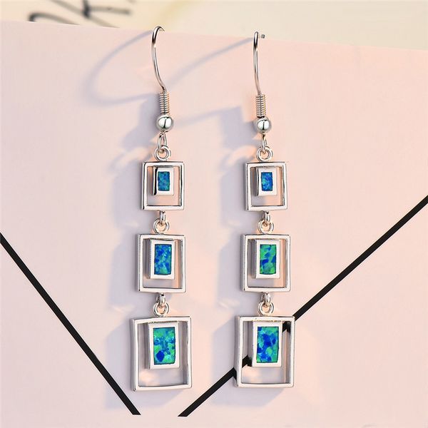 

luxe style female square blue white fire opal earrings 925 sterling silver filled wedding long dangle earrings for women jewelry, Golden