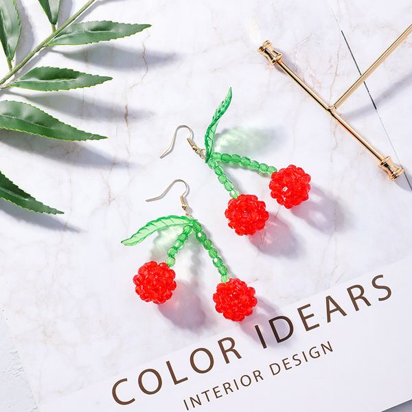 

summer day versatile crystal clear red cherry earrings entirely handmade weaving crystal beads earrings fruit, Silver