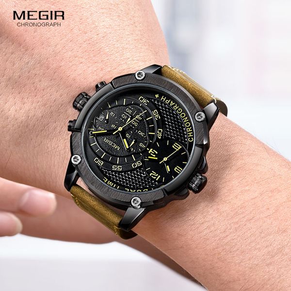 

megir men's double time zone chronograph quartz watches waterproof lumious leather band army sports wristwatch for man 2093g-bk, Slivery;brown