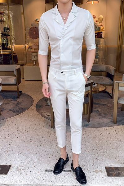 

men's sets 2019 spring summer new arrival fashion smart casual shirt+pants solid half sleeve ankle length white black sets mens, Gray