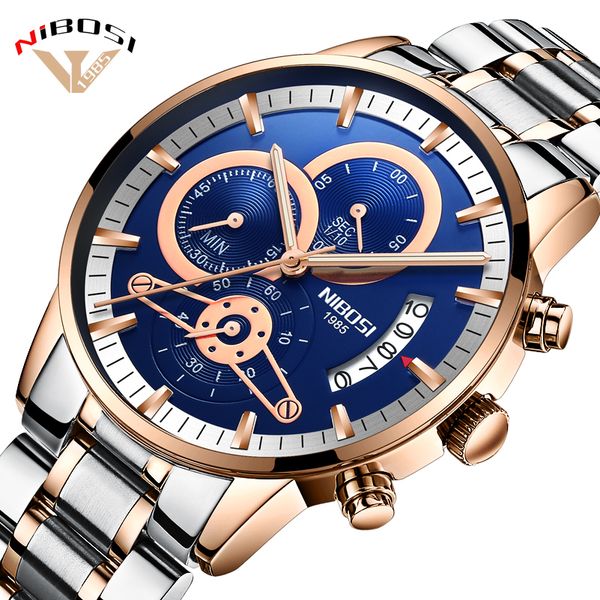 

relogio masculino nibosi luxury men's wristwatches stainless steel sport clock man gold male watches brand business watch, Slivery;brown