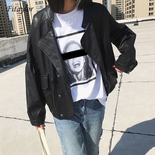 

fitaylor new faux pu leather loose jackets women long sleeve black pocket zippers punk outwear slim motorcycle coats