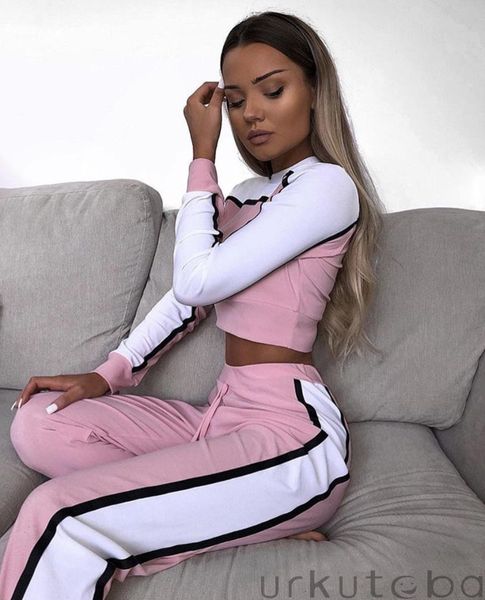 

casual women's tracksuit tights sportswear fitness suit for female clothing workout two piece jumpsuit long sleeve crop top, White