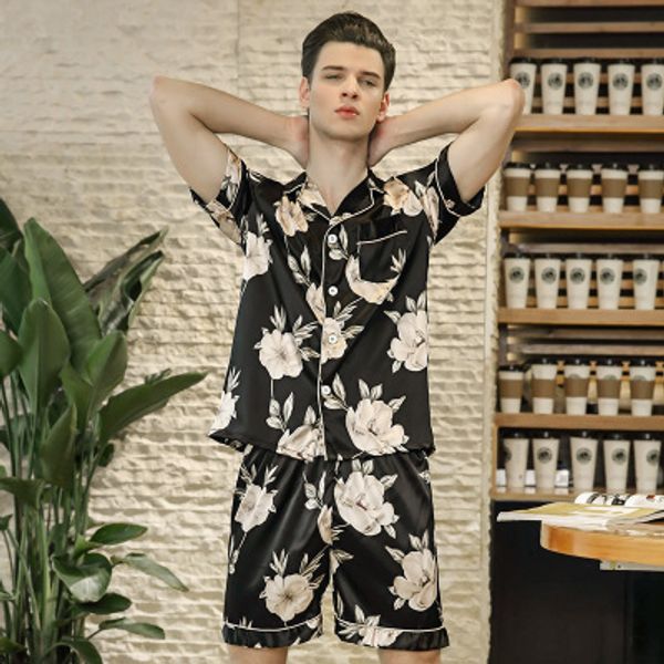 

men clothing 2 piece set new high grade quality printing classic black printed pajamas short sleeve two-piece suit new stylish sleepwear, Black;brown