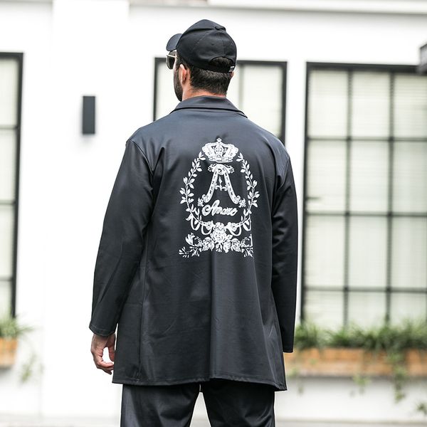 

plus size men's cardigan trench coat fertilizer to increase fat guy casual sports crown printing, Tan;black