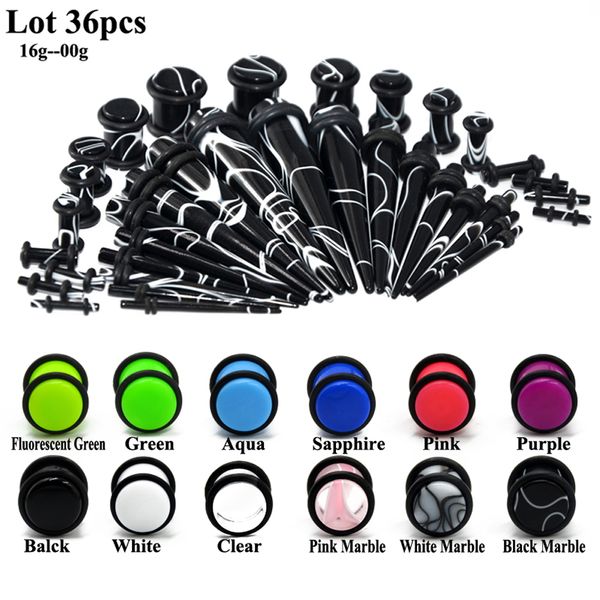 

36pcs/lot uv acrylic ear gauge taper plug stretching kits ear flesh tunnel expander body piercing jewelry mixed color 14g-00g, Slivery;golden