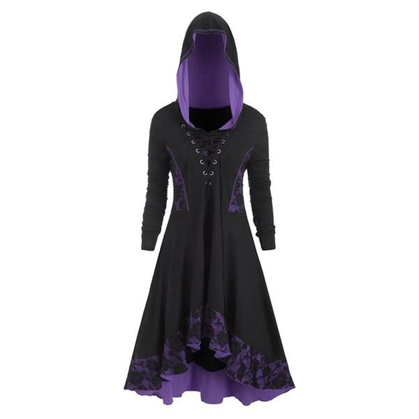 

autumn casual female dresses medieval renaissance empire a line dress female gothic cosplay costume hooded long sleeve, Black;gray