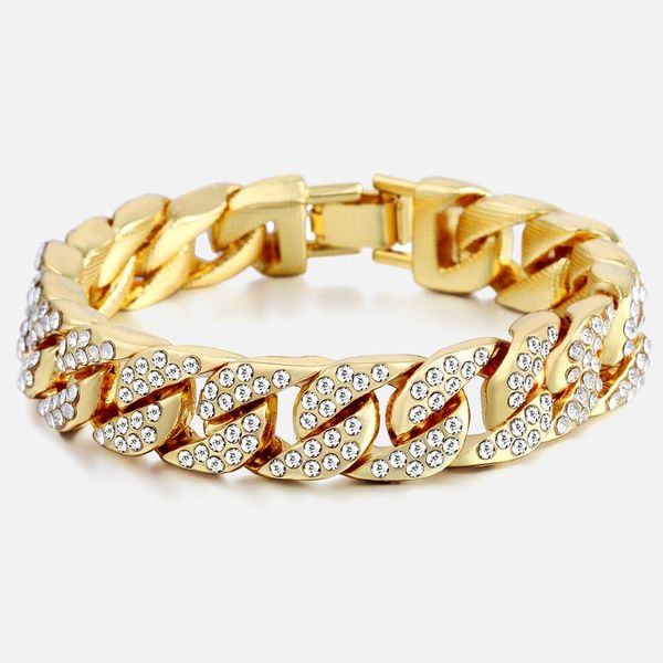 

14mm men's bracelet hip hop miami cuban link gold silver iced out paved rhinestones male wristband street jewelry 8-10inch gb403, Golden;silver