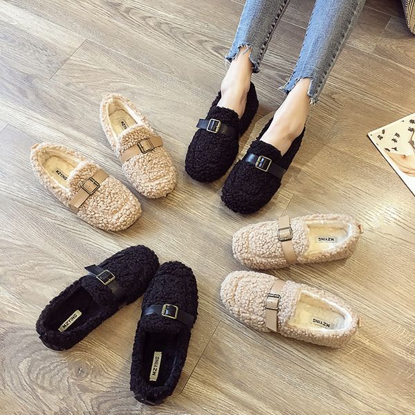 

belt buckle round toe winter plush cotton shoes woman non-slip casual comfy flats slip on curly fur loafers all match moccasins, Black