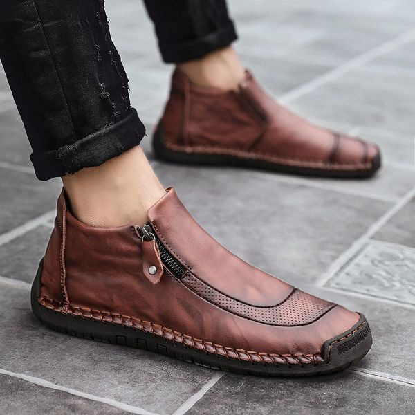 

winter men snow boots leather man ankle boots snow warm fur men shoes zip plush autumn basic driving shoes big size, Black