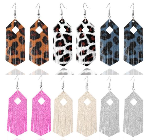 

new amazon selling exaggerated leopard print pu leather earrings earrings geometric diamond tassel leather earrings, Silver