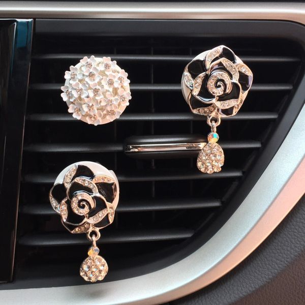 

rhinestone camellia flower pendant solid car perfume fashion girl's car ornaments outlet clip auto fragrance freshener aroma