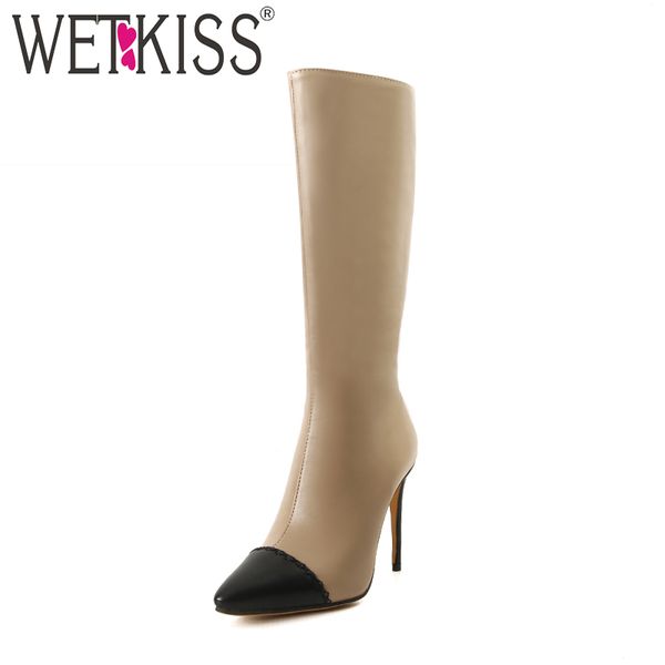 

wetkiss high heels women boots pointed toe pu zip footwear knee high female boot party shoes woman 2018 winter plus size 32-46, Black