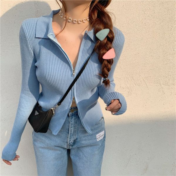 

women's knits & tees european and american double-head zipper lapel long-sleeved knitted cardigan short coat (r98030), White