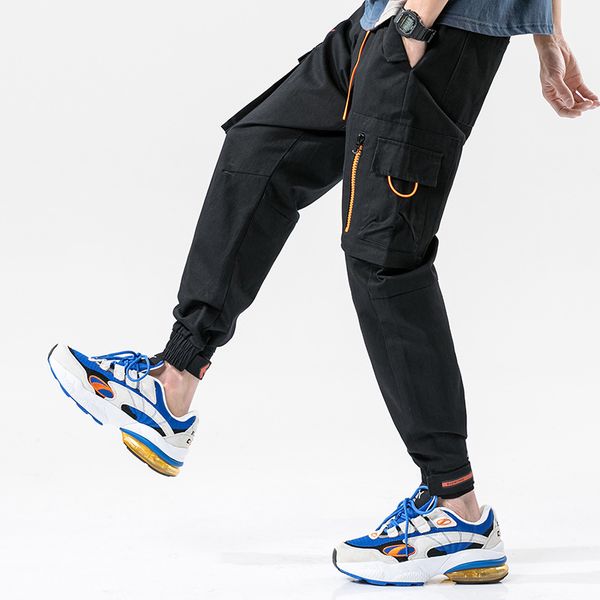 

2020 hip hop streetwear men's black green jogging pants men's side bag sports pants ribbons casual elastic waist harem pants men