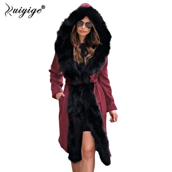 

ruiyige 2018 new women winter hooded coat ladies parka fur collar thicken warm long jacket plus size outerwear chaqueta feminino, Black
