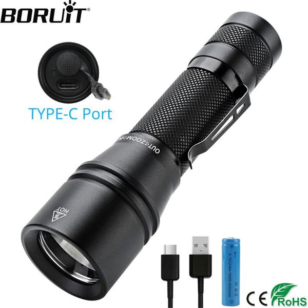 

flashlights torches boruit yc25 t6 led high power 1000lm torch 5-mde zoom bicycle light powerful lantern 18650 type-c rechargeable lamp