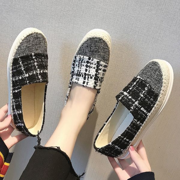 

korean shoes casual female sneakers flax slip-on shose women round toe shallow mouth 2020 linen new slip on dress summer rubber, Black