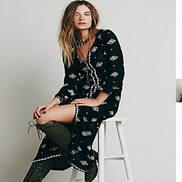 

design dress women flower bohemian embroidery hippie boho people style vintage v neck pencil tunic side split long dress, Black;gray