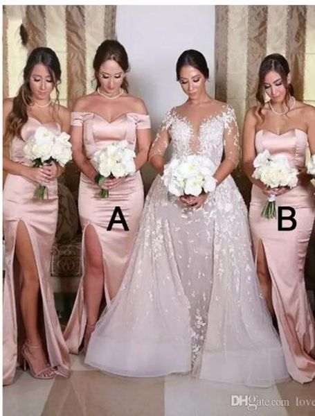 2019 Sexy Sereia Pink Wedding Convidado fora do lado do ombro Split cetim dama de honra vestidos diferentes estilo mesmo cor vestido de festa formal longo