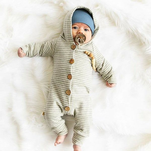 

newborn kid baby girl striped rompers single breasted hooded romper jumpsuit baby autumn winter clothes roupa infantil, Blue
