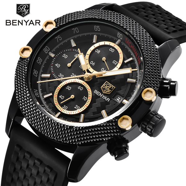

benyar mens watches luxury sport chronograph fashion men waterproof luxury brand gold quartz watch saat reloj hombre, Slivery;brown