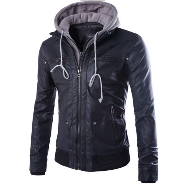 

mens leather jacket brand slim hooded biker motorcycle jacket men outerwear men pu leather coat clothing, Black