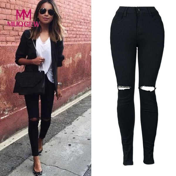 

denim trousers women slim pencil denim jeans trousers cool ripped knee cut skinny long jeans pants#g6, Blue