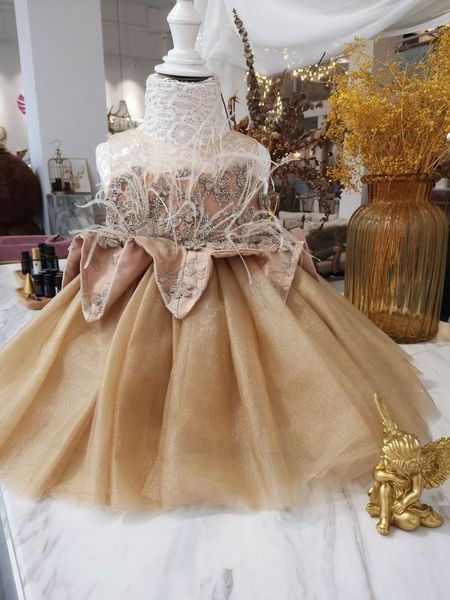 

flower girl dress 2020 new style feather beading fluffy tulle princess dresses for wedding party kids clothes e7842, Red;yellow