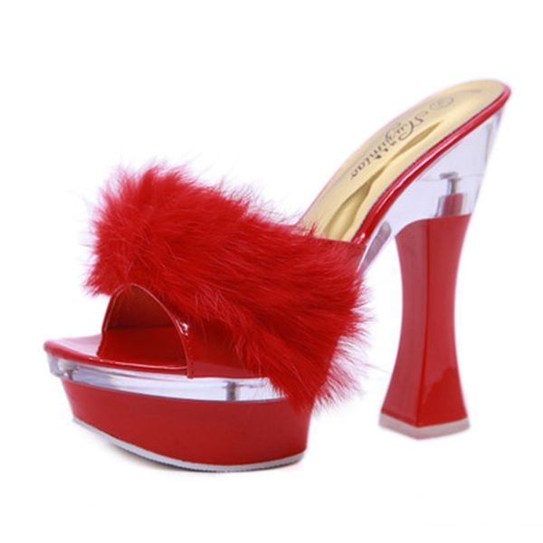 

15cm hair upper square heel cool slippers, female summer waterproof platform non-slip thick bottom versatile slipper, Black