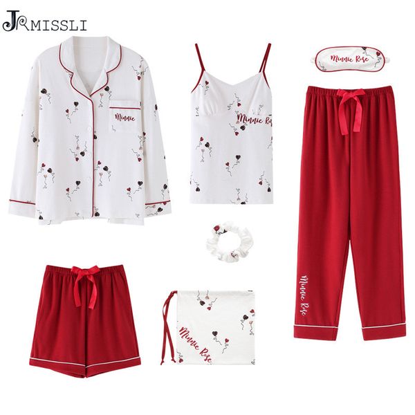 

jrmissli spring women 7 pieces pajamas sets 100% cotton pajamas women sleepwear sets autumn +shorts+shirt+pants, Blue;gray