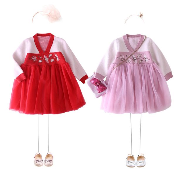 

retail kids designer dress girls embroidered knitted princess dress net yarn stitching v-neck dresses children boutique clothing, Red;yellow