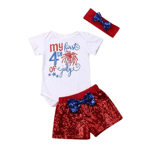 

summer baby girl suit american flag independence national day usa 4th july star bow sequined shorts headbands three piece set, White