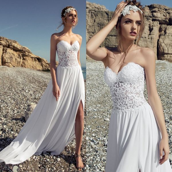 

white lace beach wedding dresses sweetheart neck a line side split bridal gowns sweep train chiffon robe de mariÃ©e