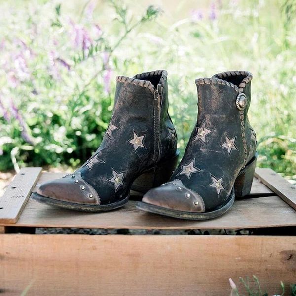 

heflashor ankle boots female winter boots pu leather booties rivet stars fashion western cowboy women pointed women, Black