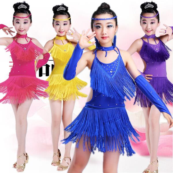 

children lading dance show serve a juvenile girl lading dance performance match show clothing light drill tassels skirt, Black;red