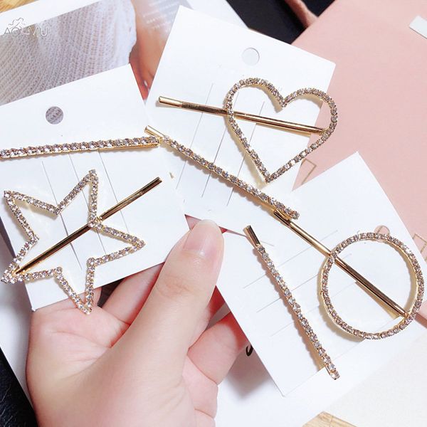 

aomu 1set korea geometric hollow star heart shape crystal hair clips hairpins women shiny rhinestone hair accessories barrettes, Golden;white