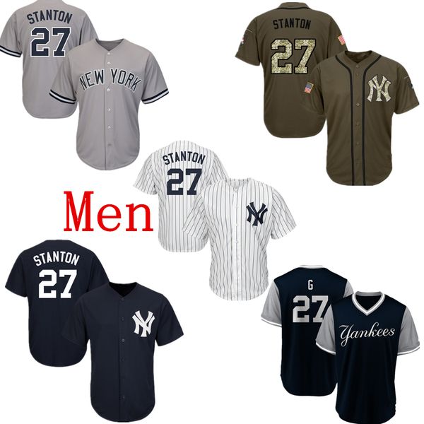 

Mens New York Yankees Baseball Jerseys 27 Stanton Jersey Navy Blue White Gray Grey Green Salute Players Weekend All Star Team Logo