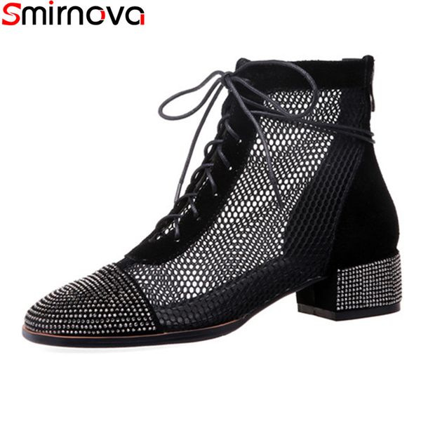 

smirnova 2020 new arrival fashion ankle boots thick heels square toe spring women boots simple lace up causal shoes, Black