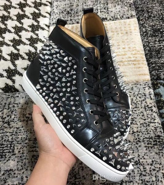 

original box] 2019 new red bottom high cut sneakers junior spiked men shoes luxury print pik pik no limit studs sliver, Black